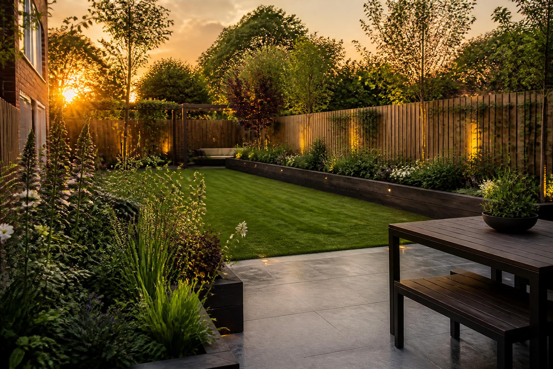 Finished landscaped garden with porcelain patio and new lawn